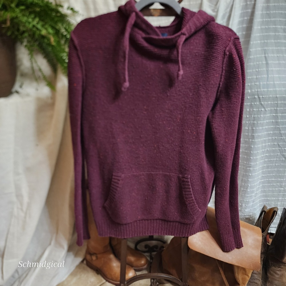 American Eagle Hooded Sweater XS Burgundy Purple Silk Wool Blend Knit Hoodie